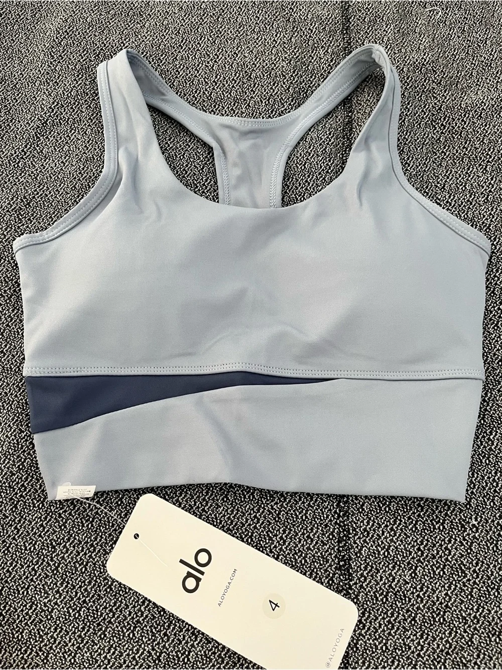 ALO Yoga Light Blue Racerback Sports Bra with Navy Contrast